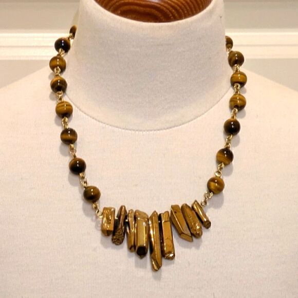 Handmade Genuine Tiger's Eye and Gold Painted Quartz Point Goldtone Necklace - Picture 2 of 6